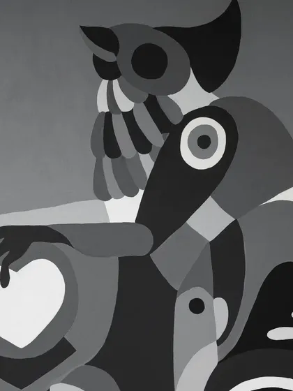 A detail showing an owl-like figure holding a heart.