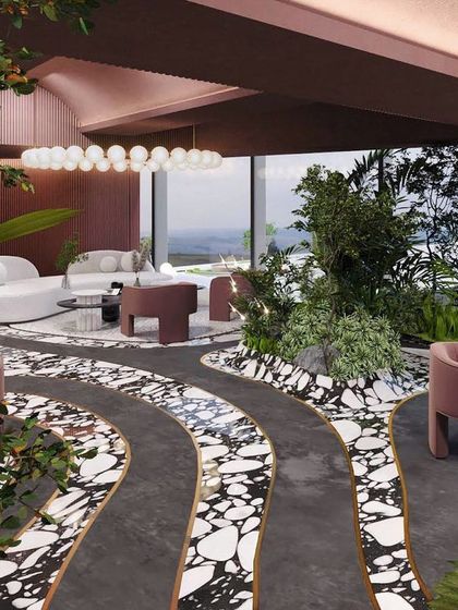 A view through the lush green islands of the "Spiced Martini" lounge, showcasing the layered and immersive design.