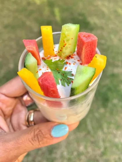 This is my favorite summer cup. Fresh, crunchy veggie sticks dipped in spiced Greek yogurt. It's hydrating, satiating, and a great way to get your protein and probiotics. A perfect healthy snack for a hot day.