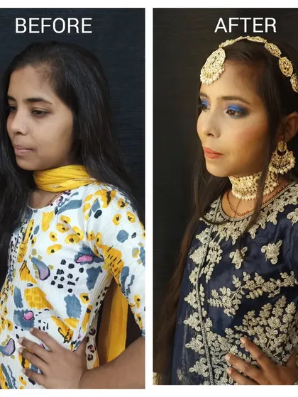 A student's work showing a complete makeup transformation. It's so rewarding to see them apply the techniques they've learned to create such beautiful results.