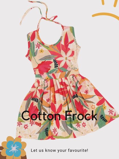 A graphic showcasing our popular floral cotton frock. It's a summer essential for every little girl's wardrobe.