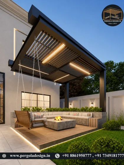 We design for ultimate relaxation. This pergola features a cozy fire pit, built-in seating, and an integrated swing. The louvered roof and ambient LED lighting make it the perfect spot for cool evenings and family gatherings.