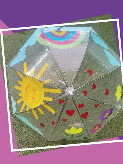 A beautifully painted umbrella from our monsoon-themed art party. Kids get to design and paint their own usable umbrella, making it a perfect blend of art and function.