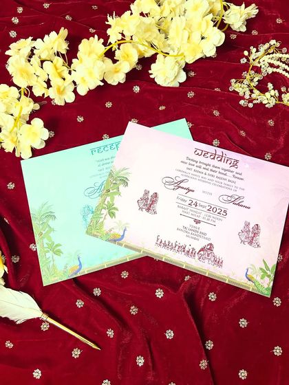A colorful set of inserts featuring peacock and garden motifs, perfect for a vibrant and nature-inspired wedding celebration.