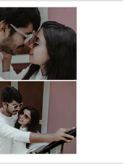 A collage of intimate, playful moments from a casual pre-wedding shoot. The matching white outfits and sunglasses give it a fun, coordinated vibe.