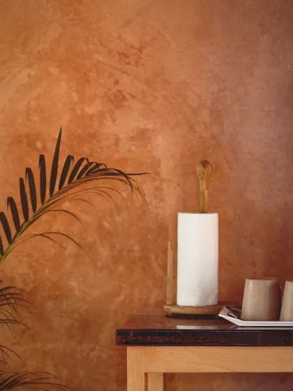 A close-up of a 'Lohi' plaster finish from our Vinaya residence project. This traditional lime-based plaster creates a beautiful, textured surface that is completely natural and allows the walls to breathe, contributing to a healthier indoor air quality.