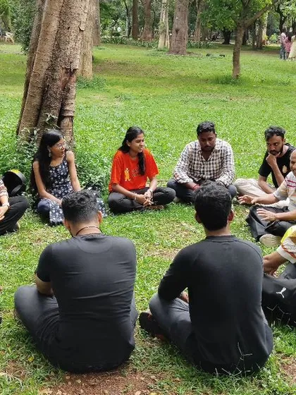 An icebreaker session at our Sunday meetup in the park. We play fun games to help everyone get to know each other.