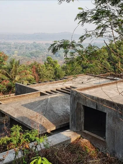 Another view of the original concrete shell of Villa Toshi. The challenge was to transform this imposing structure into a home that felt connected to the landscape and the distant views of the sea.