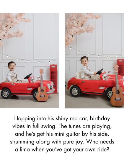A collage showing the birthday boy enjoying his ride, strumming his mini guitar with pure joy.
