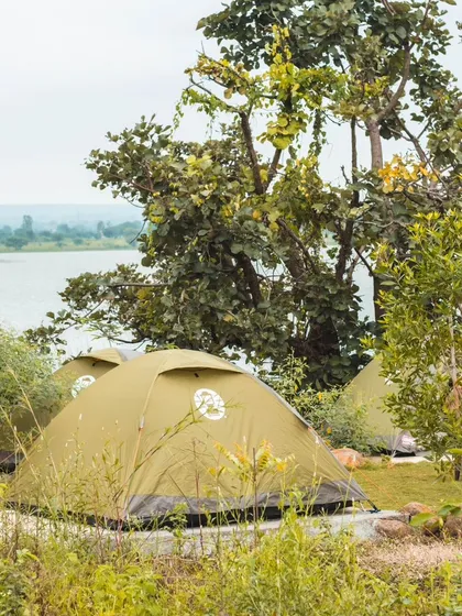 A view of our wilderness campsite at Ananthagiri Hills during the day. The tents are pitched right by the lake, surrounded by lush trees, offering a peaceful and scenic environment for your stay.