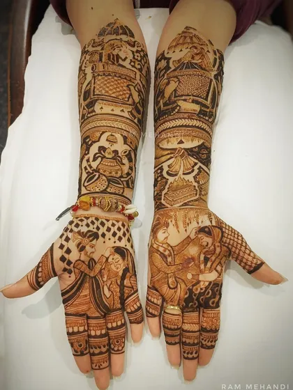 An example of full bridal mehndi with different scenes on each arm. This design includes couple portraits, doli scenes, and traditional wedding rituals, making the arms a canvas for the entire wedding story.