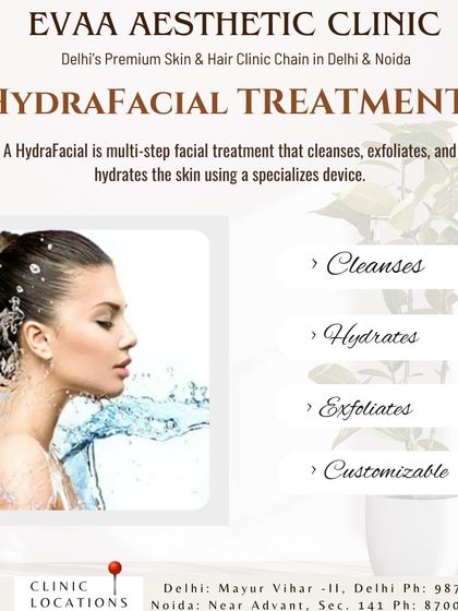What is a HydraFacial? This graphic defines the multi-step treatment and its primary functions: to cleanse, hydrate, exfoliate, and be customized for your skin.