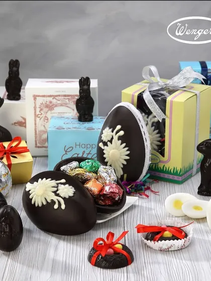 Easter at Wenger's is a sight to behold. We bring out our entire collection of handmade chocolate Easter eggs, adorable chocolate bunnies, and other festive treats, all ready to be packed in our special Easter gift boxes.