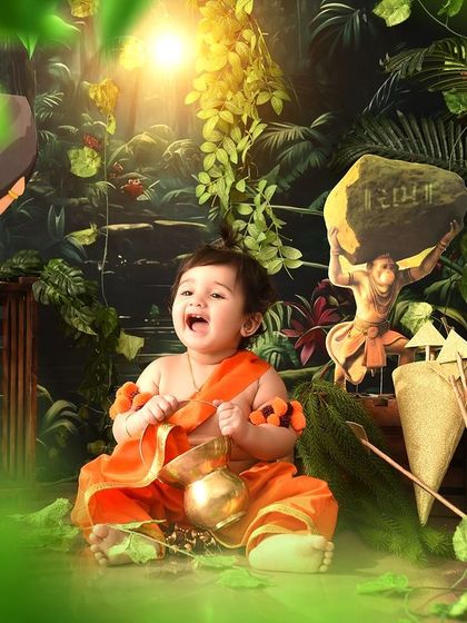 A joyful moment in our "Ram Ji" jungle setup. The warm lighting and lush greenery create a magical atmosphere for this cultural photoshoot.