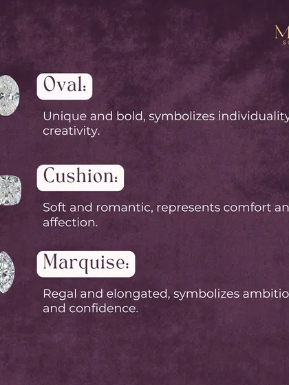 Continuing our guide on diamond shapes, the unique Oval cut symbolizes creativity, the soft Cushion cut represents romantic affection, and the regal Marquise cut is all about ambition and confidence.