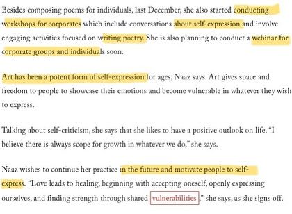 This excerpt from my HerStory feature details my work in conducting workshops for corporates. These sessions use engaging activities to explore self-expression and the healing power of poetry.