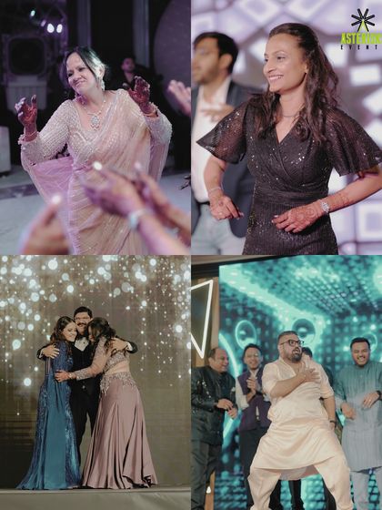 A collage of candid moments from the dance floor, capturing the joy and energy of guests and family at the Sangeet.