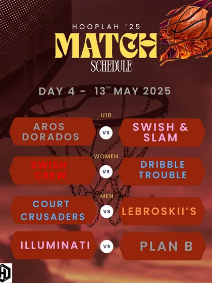 The match schedule for Day 4 of Hooplah '25. The tournament action heats up with multiple games every night.