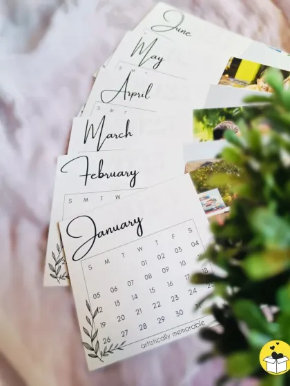 A fanned-out view of the monthly cards for the easel calendar, showing the consistent and elegant design across the year.