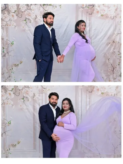 Two more poses from the same elegant session, one showing the couple holding hands and the other a classic embrace. The flowing fabric of the gown connects them beautifully in the second shot.