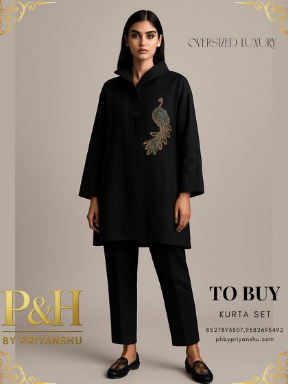 A sophisticated black linen kurta set with an oversized collar. The minimalist design is punctuated by a small, exquisitely embroidered peacock, adding a touch of subtle luxury.