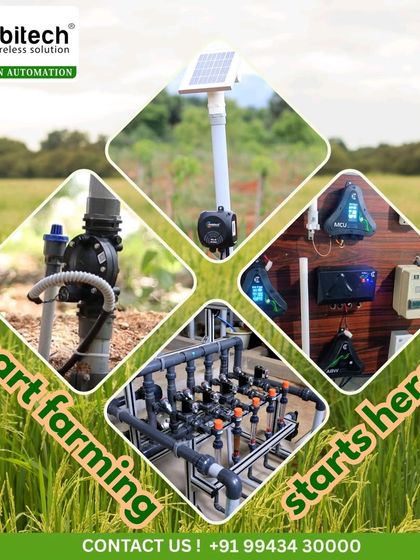 A collage showcasing the key components of our smart farming ecosystem: solar-powered controllers, automated valves, fertigation units, and the central control panel.