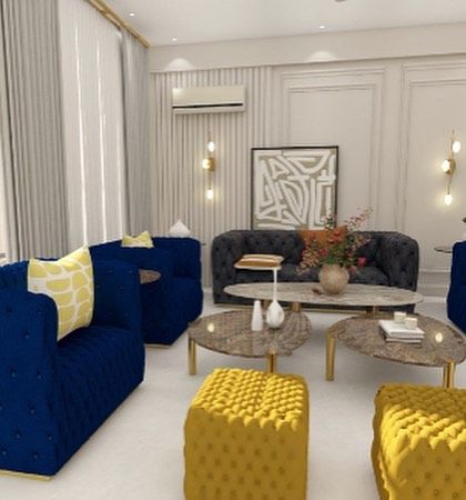 A luxurious living room design with bold blue sofas, yellow ottomans, and classic wall mouldings. This is for clients who want a grand and vibrant space.