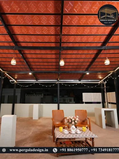 A simple yet elegant setup under the tiled roof pergola. A small table set for tea shows how this space can be used for quiet, everyday moments of enjoyment.