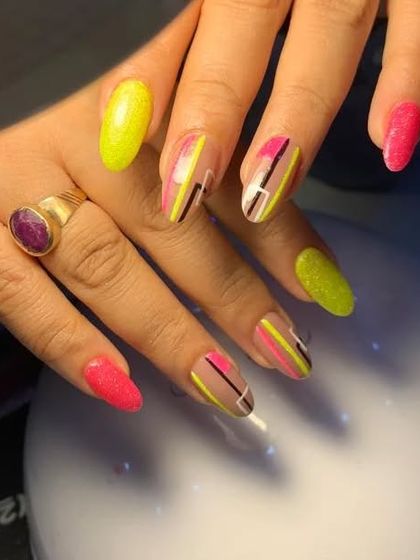 A bright and colorful abstract design with neon yellow, pink, and black lines.