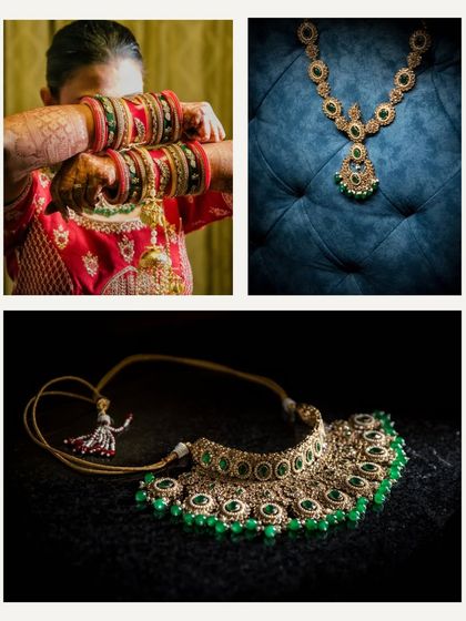 A collage dedicated to the intricate details of the bridal look, including the chooda and jewelry. I pay close attention to these elements that complete the bride's ensemble.