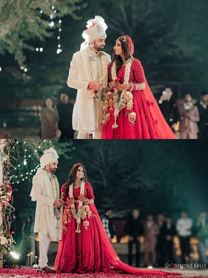 A collage capturing the couple during their Varmala ceremony at the beautifully lit outdoor venue of Noor Mahal Palace.