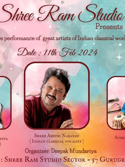 The poster for my live performance at Shree Ram Studio in Gurugram, where I was joined by talented artists on harmonium and tabla.