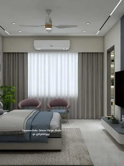 A bedroom with a bold, abstract black-and-white mural on the walls. The soft blue and pink bedding adds a gentle touch of color to the graphic design.