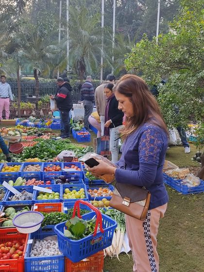 A customer browsing the wide variety of produce at a stall.