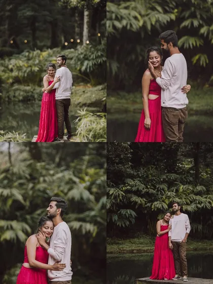 A collage of a couple's romantic pre-wedding moments in a lush, green setting by a lake.