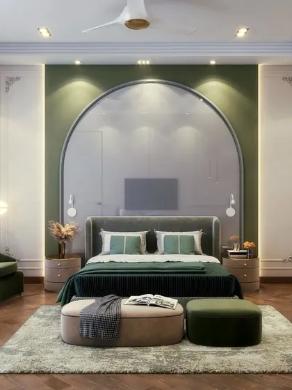 Day and night visualizations of a bedroom with a classic-meets-modern aesthetic, featuring a large arch headboard and olive green accents. This comparison effectively shows the impact of different lighting scenarios.
