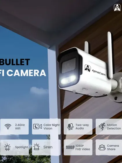 Secure your space with my Bullet WiFi Camera. It offers color night vision, two-way audio, a siren, and 1080p FHD video, all connected to your home WiFi network.