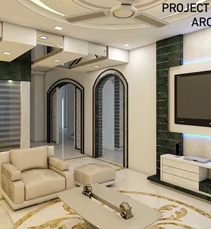 A 3D render of a living room concept with classic archways and a neutral color palette. This design focuses on creating a serene and elegant space with traditional design influences.