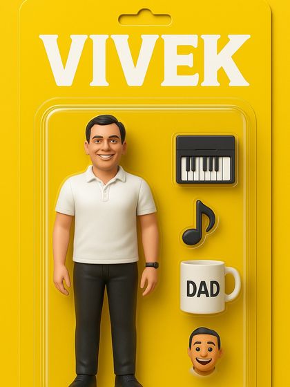 Meet Vivek, our co-founder, packaged as an action figure with his keyboard, a music note, and a 'Dad' mug, representing his role as a leader and mentor.