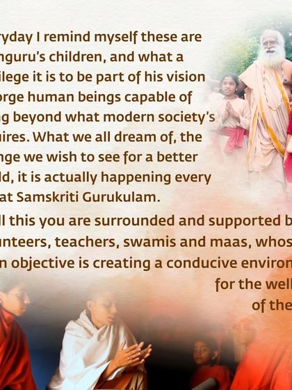 A testimonial from Enrica, a fellow teacher, on her experience of seva with the Samskriti Gurukulam children. She shares how this service deepened her own sadhana and evolution as a teacher.