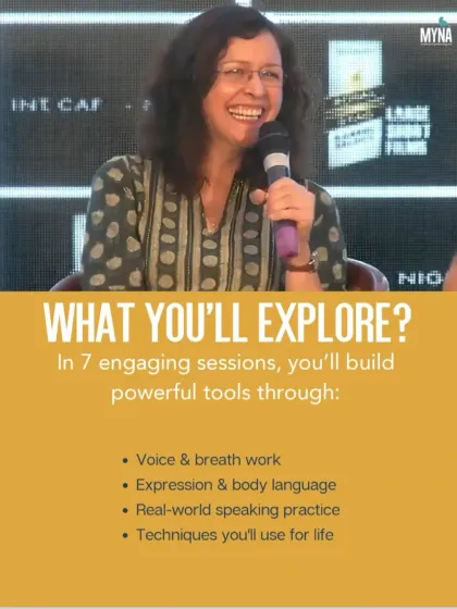 In our 7-week 'Confident Speaker' workshop, you'll explore powerful tools through voice and breath work, expression and body language, and real-world speaking practice. These are techniques you'll use for life.