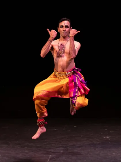 This is the essence of Bharatanatyam for me, a moment of complete surrender to the rhythm and story. This dynamic leap captures the energy I strive to bring to every solo performance, embodying the spirit of the character.