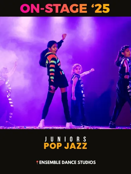 A high-energy moment from our juniors pop jazz routine. These classes are perfect for dancers who love upbeat music and sharp, dynamic choreography.