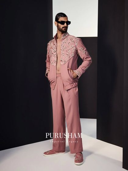 A full-length view of the pink bomber set, showcasing its relaxed yet refined silhouette. This is how I envision summer style: comfortable, luxurious, and effortlessly cool.