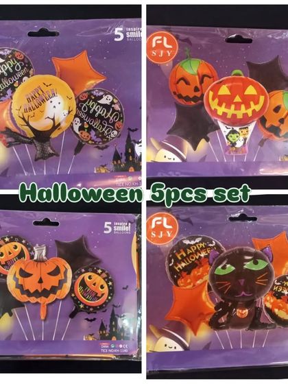 More options for our 5-piece Halloween foil balloon sets. You can see designs with ghosts, bats, pumpkins, and black cats to match any spooky theme.