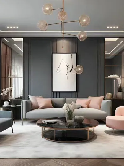 An elegant living room with a sophisticated color palette of grey, blush pink, and wood tones. The design features classic wall molding, modern furniture, and layered lighting to create a chic and comfortable atmosphere.