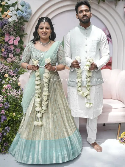 Seeing my creations become a part of your biggest moments is an honor. This lovely couple is celebrating their engagement, and I'm so happy I could design this pastel lehenga for her special day.