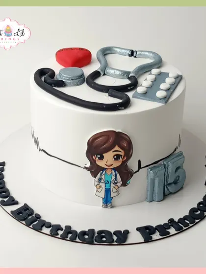 A sweet prescription for a future doctor. This cake for a 15th birthday is topped with a stethoscope, pills, and a cute doctor caricature.