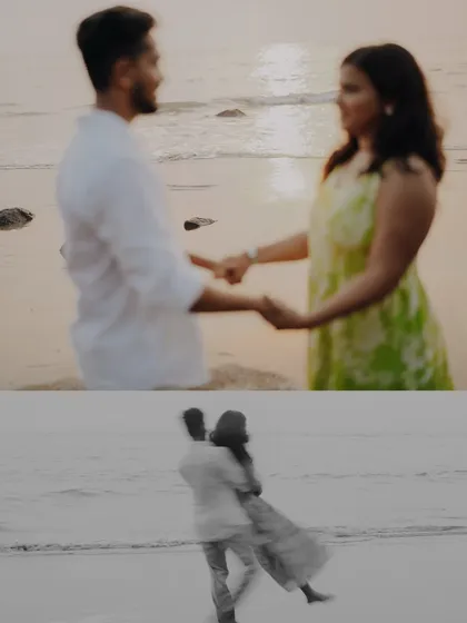 Two moments in time, one in motion and one in monochrome. This creative composition from a beach pre-wedding shoot tells a story of both playful energy and timeless connection.