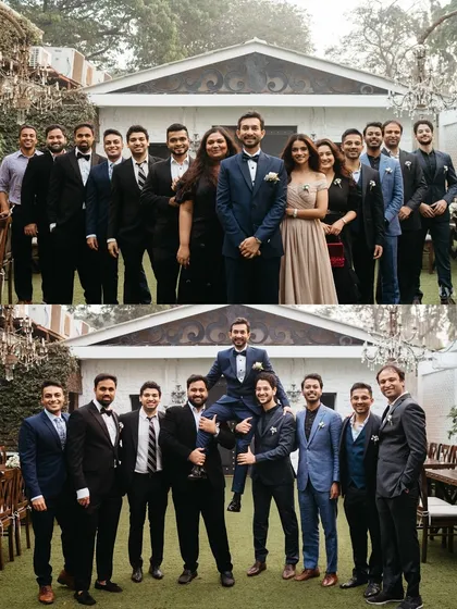 The groom and his dapper squad. We capture both the formal group portrait and the fun, celebratory moments that show their strong bond.